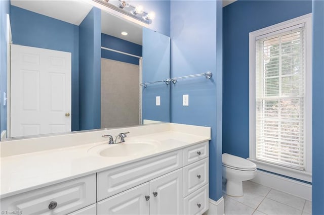 full bath with tile patterned floors, plenty of natural light, toilet, and vanity