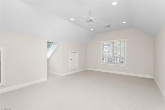 bonus room with visible vents, recessed lighting, baseboards, carpet flooring, and lofted ceiling