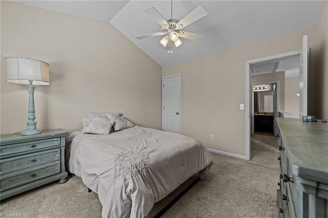 bedroom featuring lofted ceiling, ceiling fan, baseboards, and light colored carpet