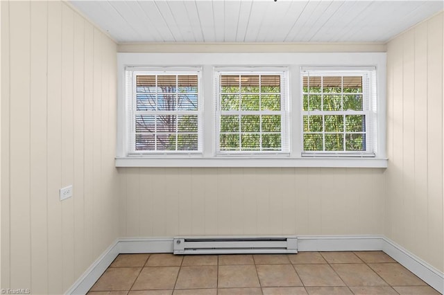 tiled spare room featuring wooden ceiling, wood walls, and baseboards