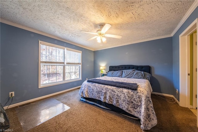 bedroom featuring dark carpet, crown molding, and a textured ceiling