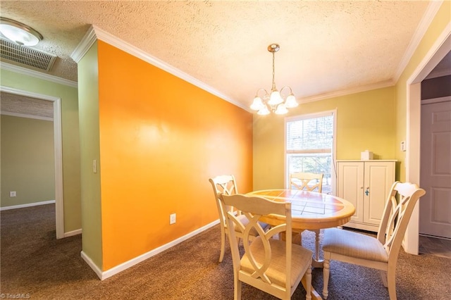 dining room featuring dark carpet, a notable chandelier, and a textured ceiling