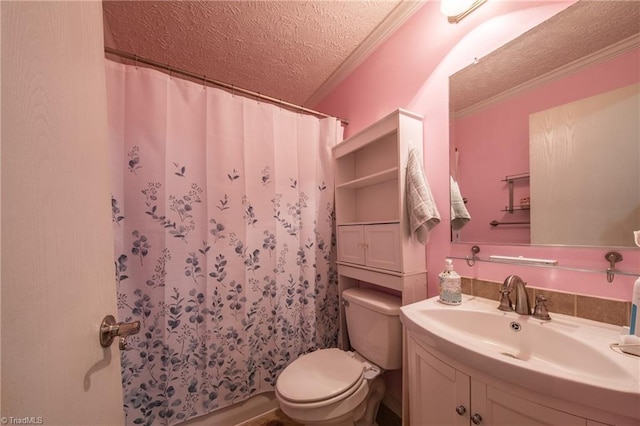 bathroom featuring toilet, vanity, walk in shower, crown molding, and a textured ceiling