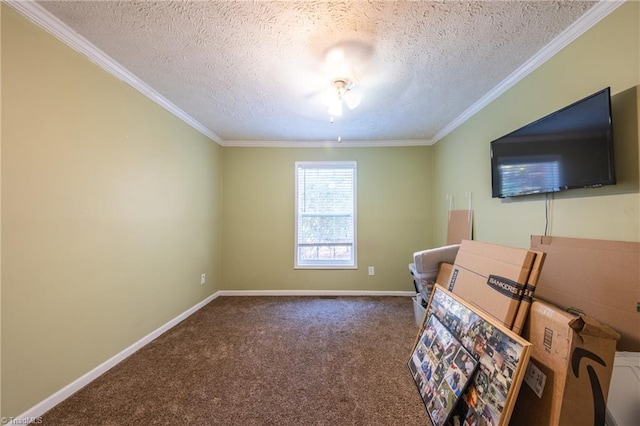 interior space featuring crown molding, carpet flooring, and a textured ceiling