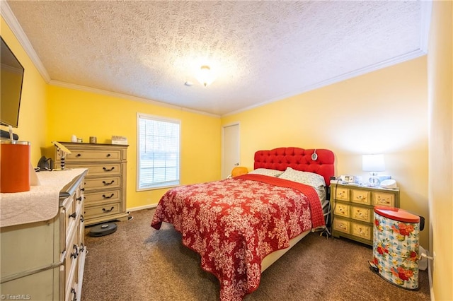 carpeted bedroom featuring ornamental molding and a textured ceiling