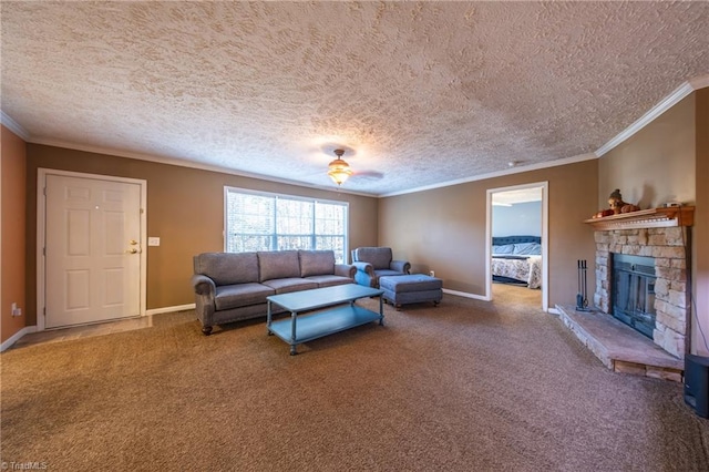 living room with a stone fireplace, a textured ceiling, ornamental molding, carpet flooring, and ceiling fan