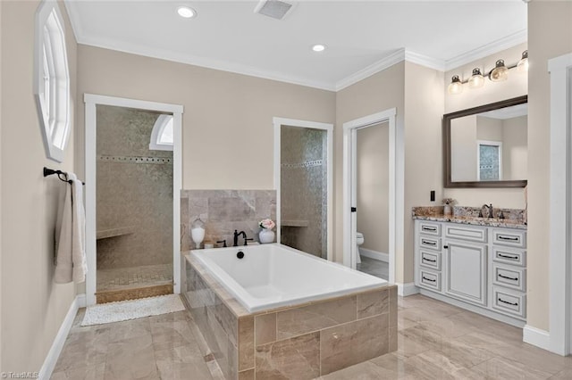 2643 NC Highway 801, Mocksville, NC 27028 - bathroom featuring a bath, vanity, crown molding, marble finish floors, and a tile shower