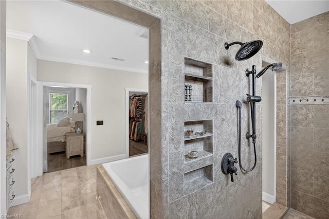 2643 NC Highway 801, Mocksville, NC 27028 - ensuite bathroom featuring ornamental molding, a tile shower, a relaxing tiled tub, and recessed lighting