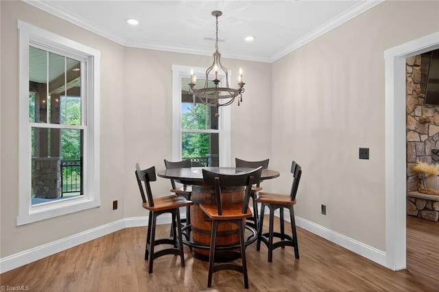 2643 NC Highway 801, Mocksville, NC 27028 - dining area featuring a chandelier, wood finished floors, ornamental molding, and recessed lighting