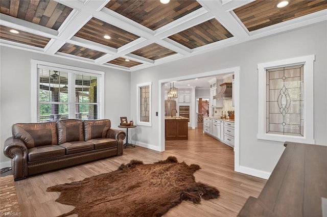 2643 NC Highway 801, Mocksville, NC 27028 - living area with coffered ceiling, recessed lighting, light wood-type flooring, and beamed ceiling