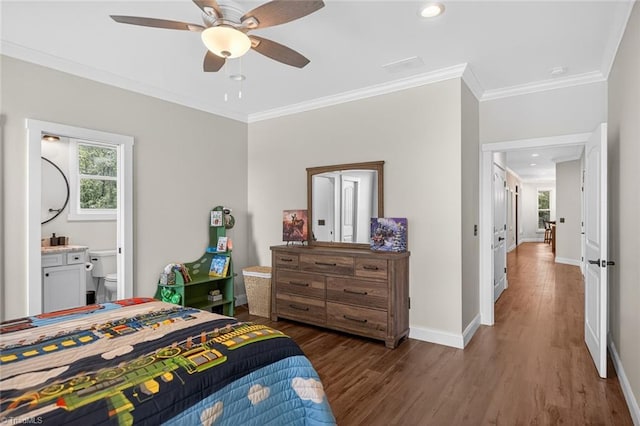 2643 NC Highway 801, Mocksville, NC 27028 - bedroom featuring wood finished floors, crown molding, ensuite bathroom, recessed lighting, and ceiling fan