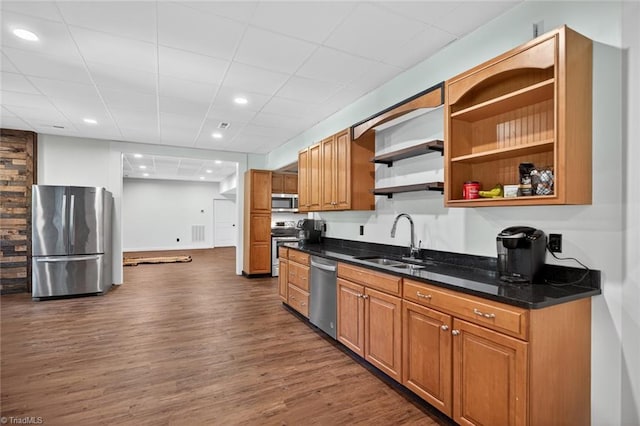 2643 NC Highway 801, Mocksville, NC 27028 - kitchen featuring stainless steel appliances, dark wood-style floors, open shelves, brown cabinetry, and recessed lighting