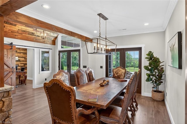 2643 NC Highway 801, Mocksville, NC 27028 - dining room with french doors, a chandelier, crown molding, wood finished floors, and recessed lighting