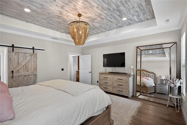 2643 NC Highway 801, Mocksville, NC 27028 - bedroom with a tray ceiling, a barn door, wood finished floors, a chandelier, and crown molding