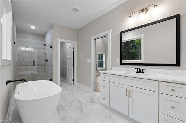 full bathroom featuring visible vents, vanity, baseboards, marble finish floor, and a shower stall