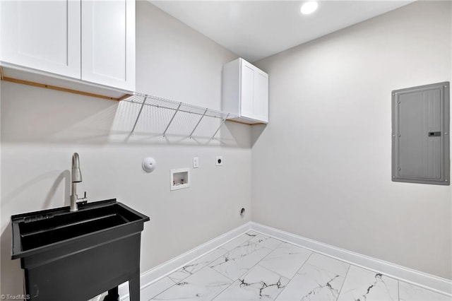 laundry area with electric panel, baseboards, marble finish floor, cabinet space, and electric dryer hookup