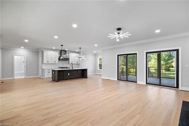 unfurnished living room with light hardwood / wood-style floors, crown molding, and sink