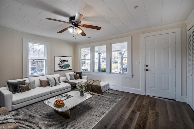 living room featuring crown molding, dark wood-type flooring, and ceiling fan