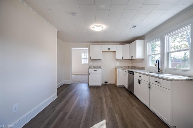 kitchen featuring dark wood-type flooring, sink, white cabinetry, light stone counters, and stainless steel dishwasher