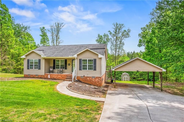 ranch-style home with concrete driveway, a storage shed, crawl space, and covered porch