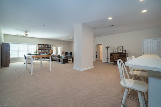 3913 Katie Dr, Greensboro, NC 27410 - interior space featuring visible vents, baseboards, recessed lighting, light colored carpet, and a ceiling fan