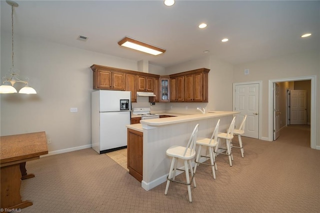 3913 Katie Dr, Greensboro, NC 27410 - kitchen featuring brown cabinets, light colored carpet, under cabinet range hood, and white appliances