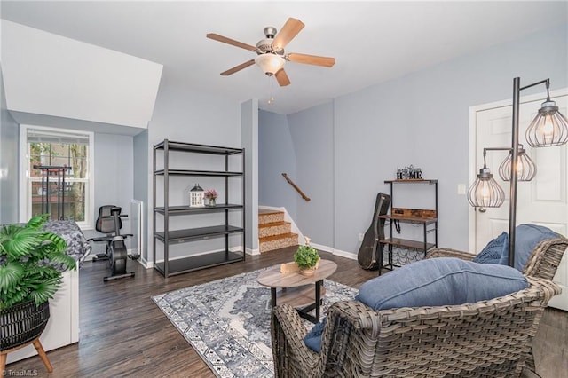 1029 Robbins St, Asheboro, NC 27203 - living area with stairs, dark wood finished floors, and ceiling fan
