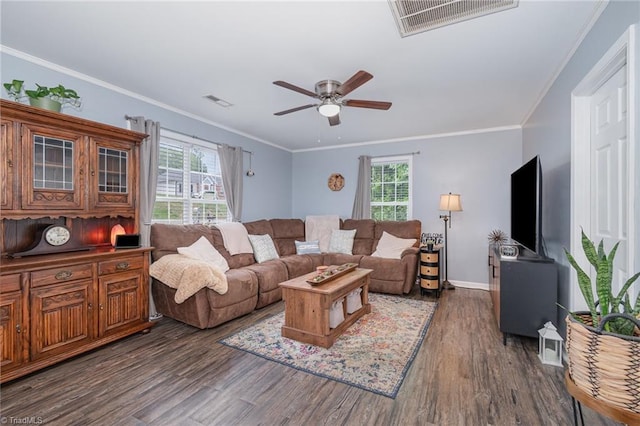 1029 Robbins St, Asheboro, NC 27203 - living area with healthy amount of natural light, a ceiling fan, dark wood-style flooring, and crown molding