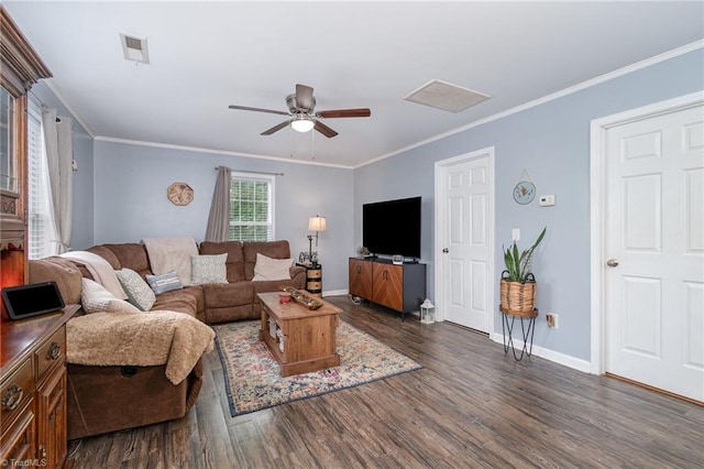 1029 Robbins St, Asheboro, NC 27203 - living area with a ceiling fan, dark wood-style floors, and ornamental molding