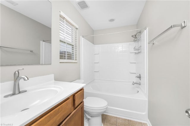 full bath featuring toilet, visible vents, tub / shower combination, and vanity