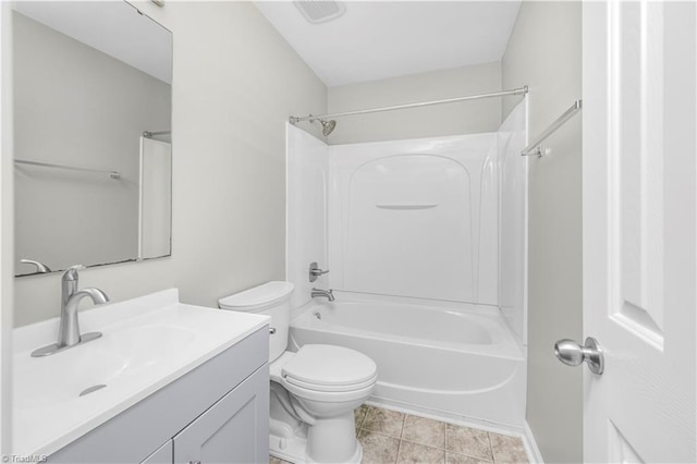 bathroom with toilet, tile patterned floors, shower / tub combination, and vanity