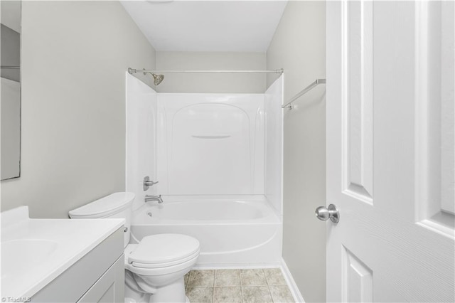 full bathroom with bathtub / shower combination, vanity, toilet, and tile patterned floors