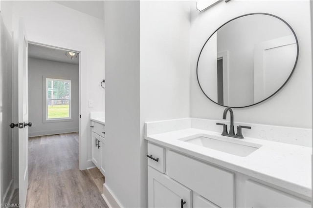 bathroom with vanity and wood-type flooring