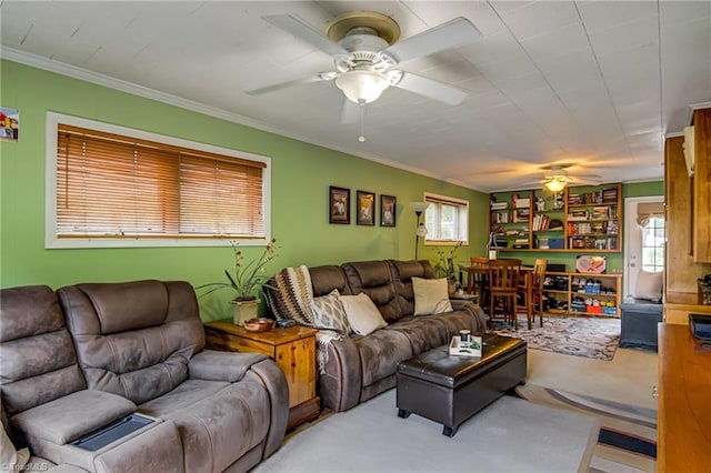 509 Florham Dr, High Point, NC 27262 - carpeted living room with a ceiling fan, plenty of natural light, and ornamental molding