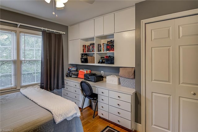 509 Florham Dr, High Point, NC 27262 - bedroom with built in study area, light wood-style floors, and ceiling fan