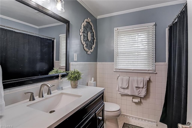 509 Florham Dr, High Point, NC 27262 - full bathroom with vanity, tile walls, a wainscoted wall, ornamental molding, and tile patterned flooring
