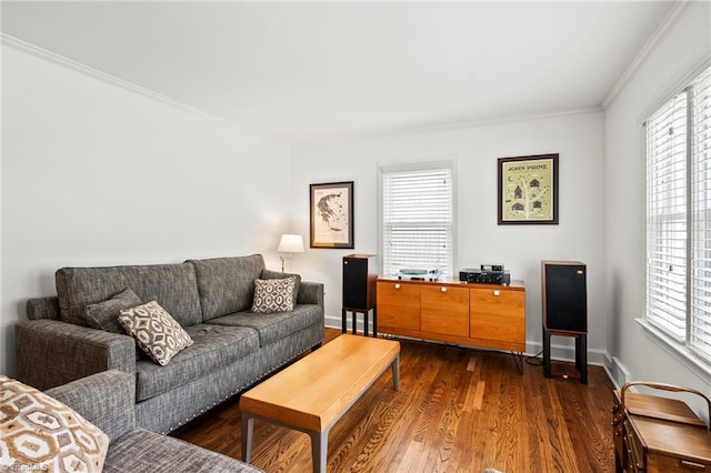2075 Craig St, Winston-Salem, NC 27103 - living room featuring plenty of natural light, ornamental molding, dark wood-style floors, and baseboards