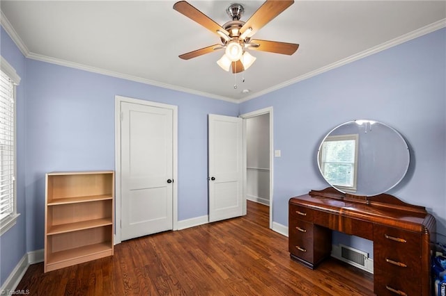 2075 Craig St, Winston-Salem, NC 27103 - unfurnished bedroom with baseboards, dark wood finished floors, crown molding, and a ceiling fan