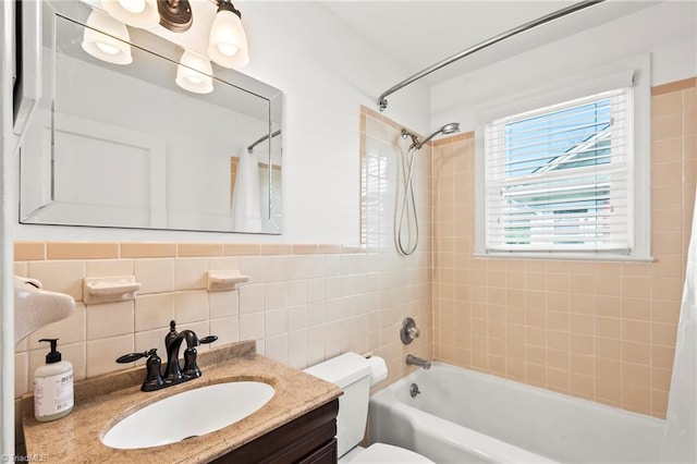 2075 Craig St, Winston-Salem, NC 27103 - bathroom with shower / bathtub combination with curtain, toilet, vanity, and tile walls