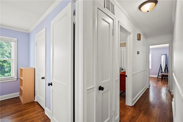 2075 Craig St, Winston-Salem, NC 27103 - hall featuring dark wood-type flooring, ornamental molding, and baseboards