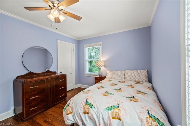 2075 Craig St, Winston-Salem, NC 27103 - bedroom with dark wood finished floors, ornamental molding, baseboards, and a ceiling fan