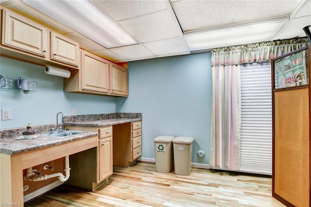 kitchen featuring a paneled ceiling, light brown cabinetry, sink, and light wood-type flooring