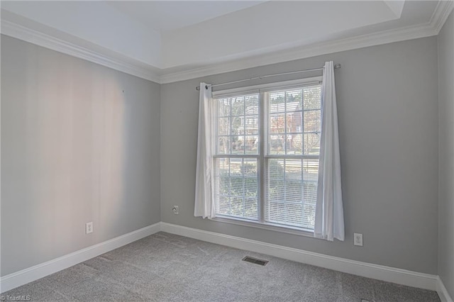 carpeted spare room featuring ornamental molding and a tray ceiling