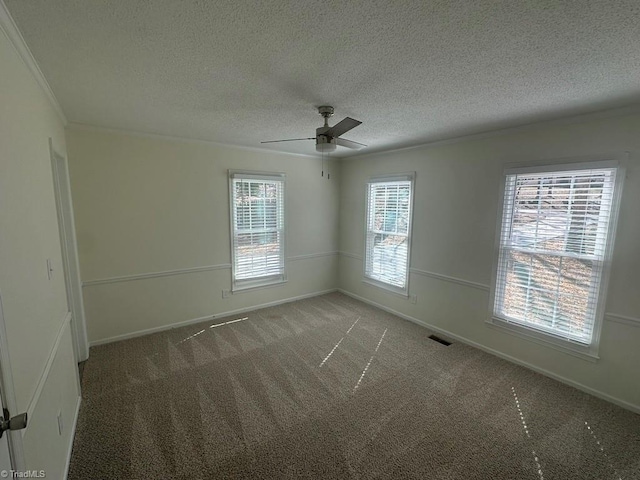 carpeted empty room featuring visible vents, a healthy amount of sunlight, a textured ceiling, and baseboards