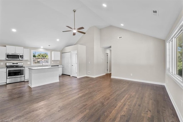 kitchen with dark hardwood / wood-style floors, appliances with stainless steel finishes, a wealth of natural light, and white cabinets