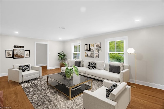living area featuring baseboards, wood finished floors, and recessed lighting