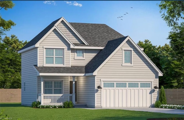 view of front facade with a garage, covered porch, and a front yard