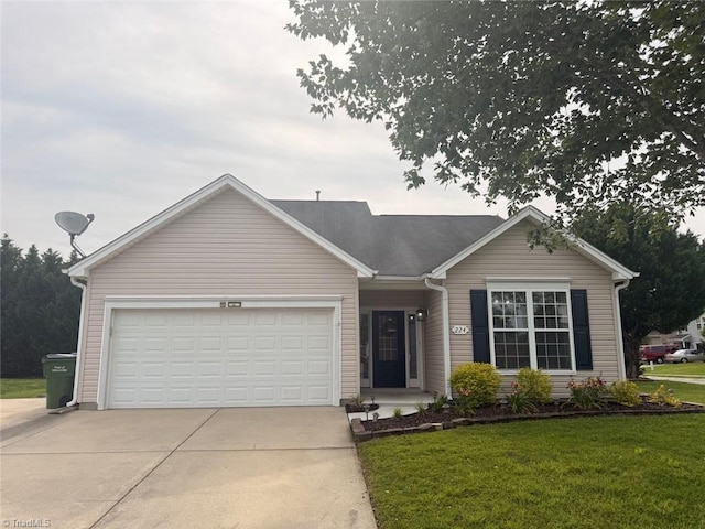 single story home featuring driveway, a front yard, and a garage