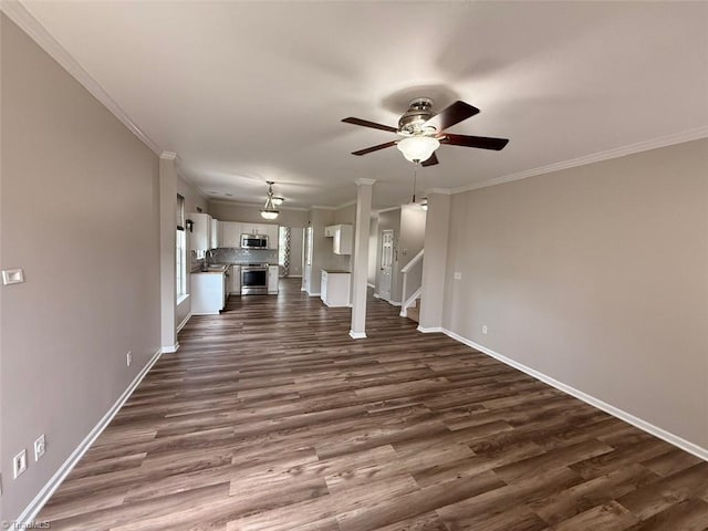 unfurnished living room with a ceiling fan, dark wood-style flooring, and crown molding