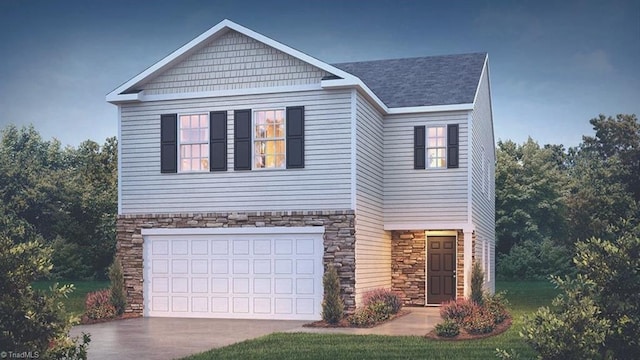 2126 Monk Dr, Haw River, NC 27258 - view of front of home with driveway, stone siding, a garage, and roof with shingles